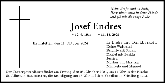 Traueranzeige von Josef Endres von Augsburger Allgemeine