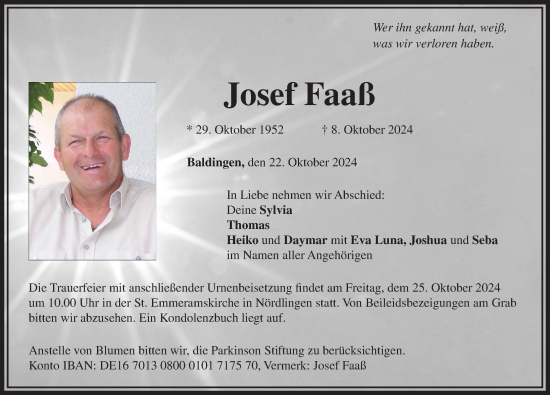 Traueranzeige von Josef Faaß von Rieser Nachrichten