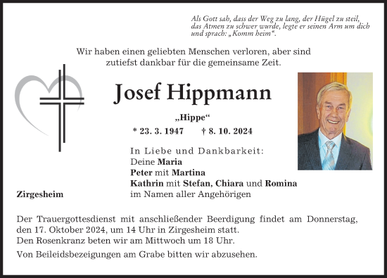 Traueranzeige von Josef Hippmann von Donauwörther Zeitung