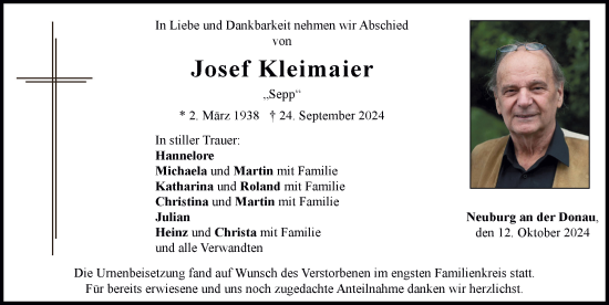 Traueranzeige von Josef Kleimaier von Neuburger Rundschau
