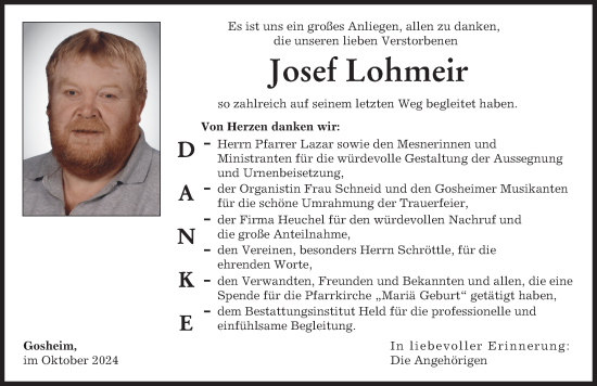 Traueranzeige von Josef Lohmeir von Rieser Nachrichten, Donauwörther Zeitung