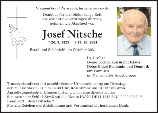Traueranzeige von Josef Nitsche von Neuburger Rundschau