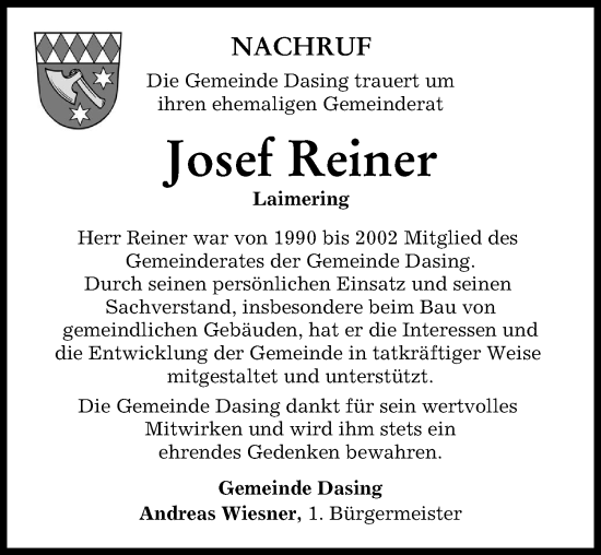 Traueranzeige von Josef Reiner von Friedberger Allgemeine