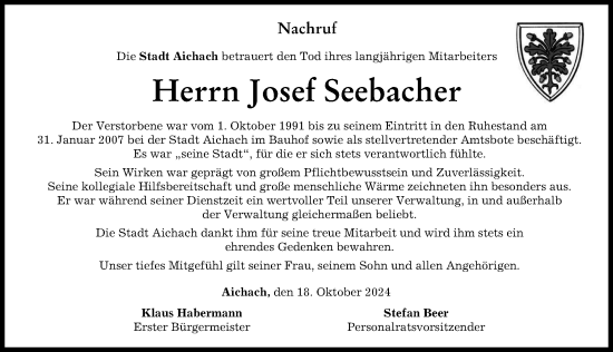 Traueranzeige von Josef Seebacher von Aichacher Nachrichten