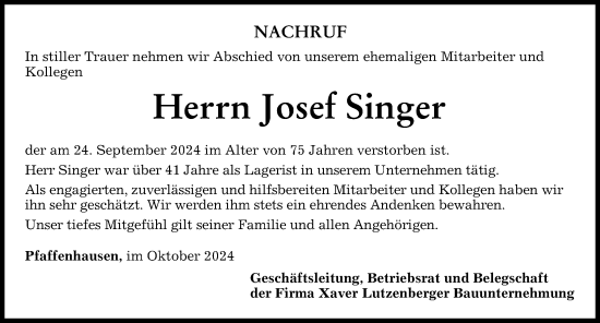 Traueranzeige von Josef Singer von Mindelheimer Zeitung