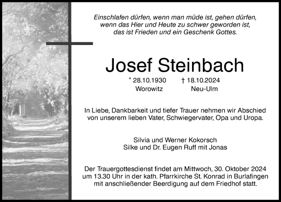 Traueranzeige von Josef Steinbach von Augsburger Allgemeine, Neu-Ulmer Zeitung