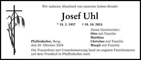 Traueranzeige von Josef Uhl von Neu-Ulmer Zeitung