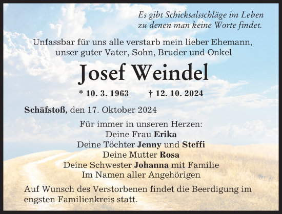 Traueranzeige von Josef Weindel von Augsburg-Land