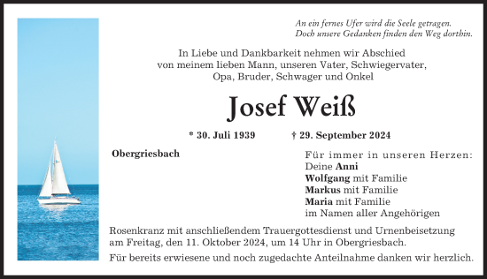 Traueranzeige von Josef Weiß von Aichacher Nachrichten