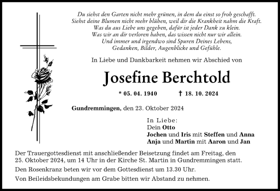 Traueranzeige von Josefine Berchtold von Günzburger Zeitung, Donau Zeitung