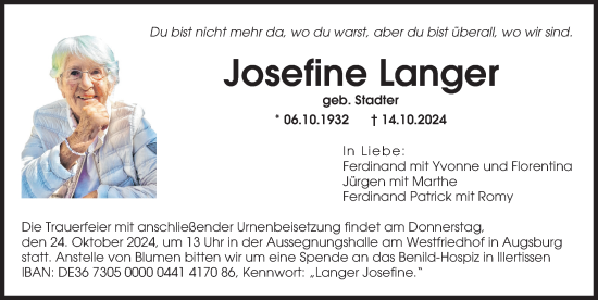 Traueranzeige von Josefine Langer von Augsburger Allgemeine