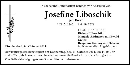 Traueranzeige von Josefine Liboschik von Illertisser Zeitung