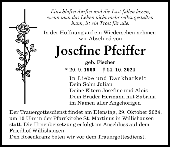 Traueranzeige von Josefine Pfeiffer von Augsburger Allgemeine