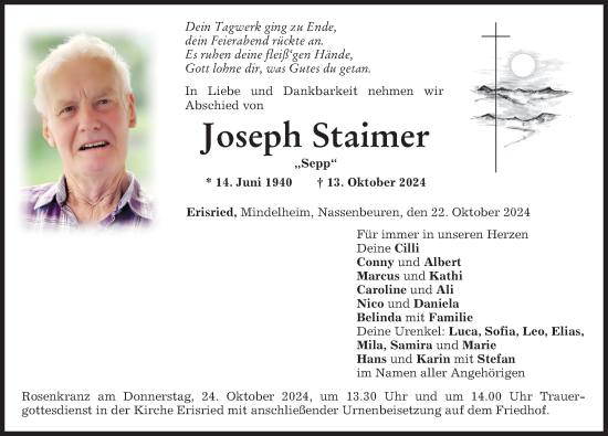 Traueranzeige von Joseph Staimer von Mindelheimer Zeitung