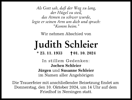 Traueranzeige von Judith Schleier von Neu-Ulmer Zeitung