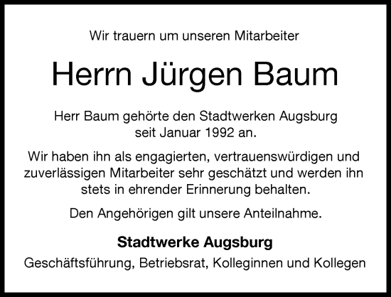 Traueranzeige von Jürgen Baum von Augsburger Allgemeine