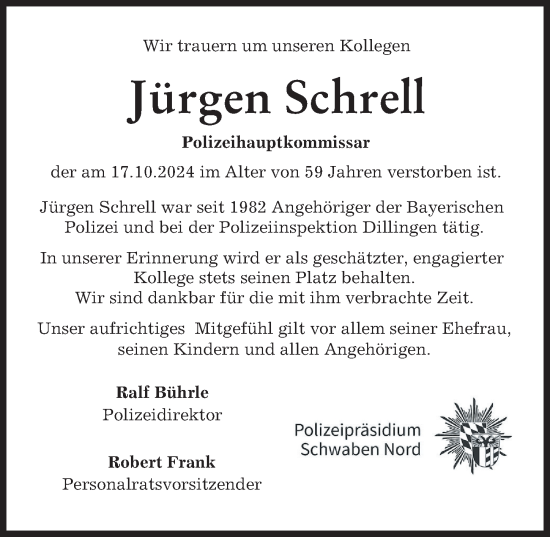 Traueranzeige von Jürgen Schrell von Donau Zeitung