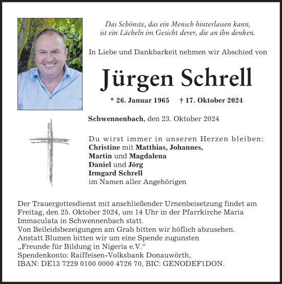 Traueranzeige von Jürgen Schrell von Donau Zeitung
