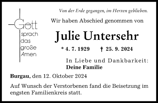 Traueranzeige von Julie Untersehr von Günzburger Zeitung