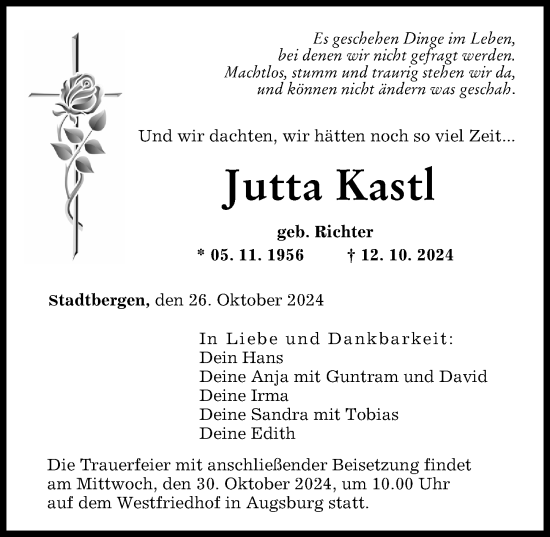 Traueranzeige von Jutta Kastl von Augsburger Allgemeine