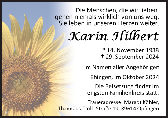 Traueranzeige von Karin Hilbert von Augsburger Allgemeine