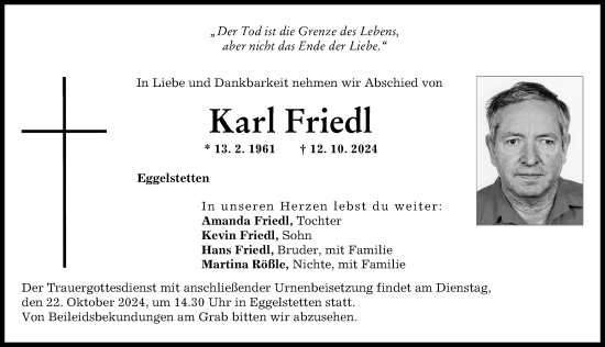 Traueranzeige von Karl Friedl von Donauwörther Zeitung