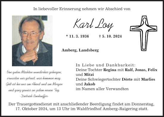 Traueranzeige von Karl Loy von Landsberger Tagblatt