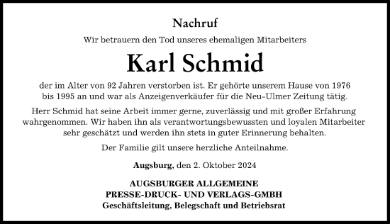 Traueranzeige von Karl Schmid von Neu-Ulmer Zeitung