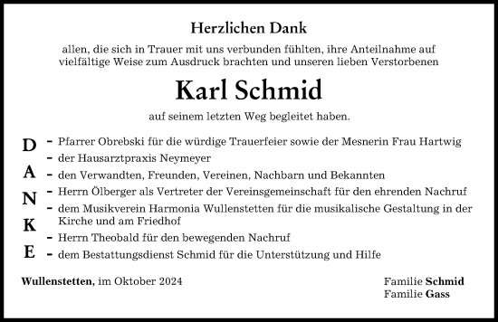 Traueranzeige von Karl Schmid von Neu-Ulmer Zeitung