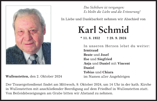 Traueranzeige von Karl Schmid von Neu-Ulmer Zeitung
