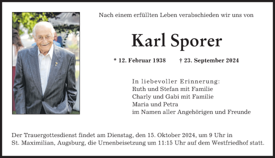 Traueranzeige von Karl Sporer von Augsburger Allgemeine