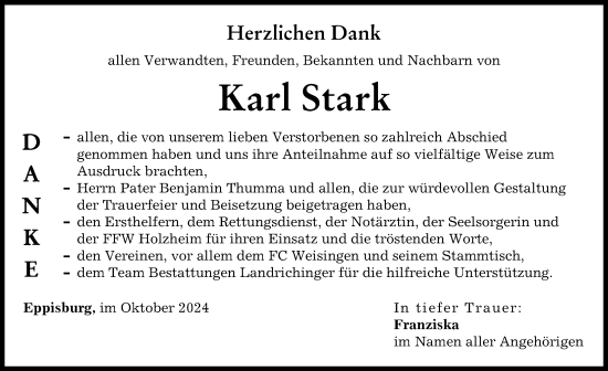 Traueranzeige von Karl Stark von Donau Zeitung