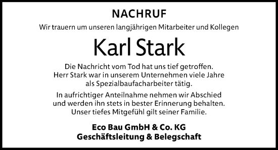 Traueranzeige von Karl Stark von Donau Zeitung