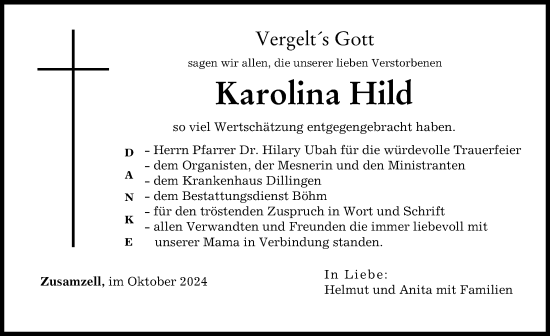 Traueranzeige von Karolina Hild von Wertinger Zeitung, Augsburg-Land