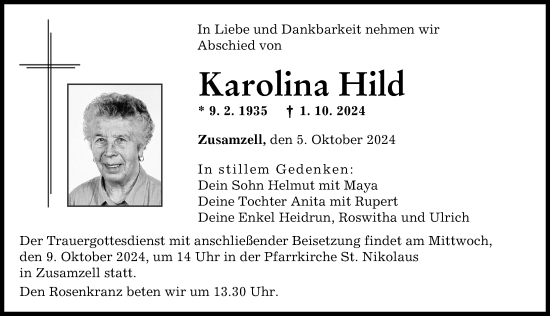 Traueranzeige von Karolina Hild von Wertinger Zeitung, Augsburg-Land