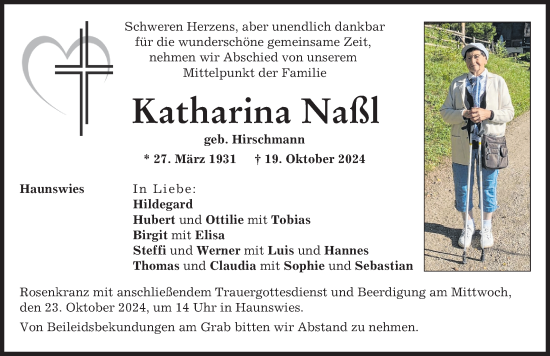 Traueranzeige von Katharina Naßl von Aichacher Nachrichten