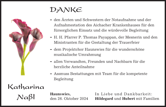 Traueranzeige von Katharina Naßl von Aichacher Nachrichten