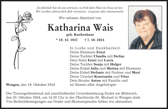Traueranzeige von Katharina Wais von Wertinger Zeitung, Donau Zeitung