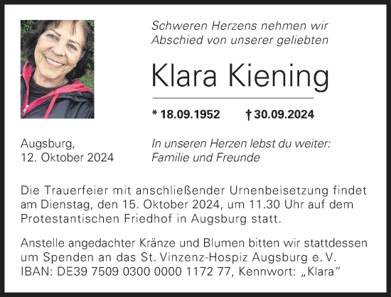 Traueranzeige von Klara Kiening von Augsburger Allgemeine