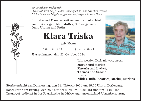 Traueranzeige von Klara Triska von Mindelheimer Zeitung