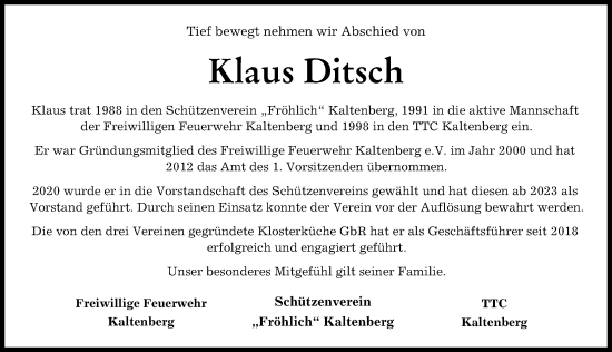 Traueranzeige von Klaus Ditsch von Landsberger Tagblatt