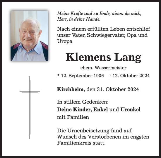 Traueranzeige von Klemens Lang von Schwabmünchner Allgemeine, Mindelheimer Zeitung