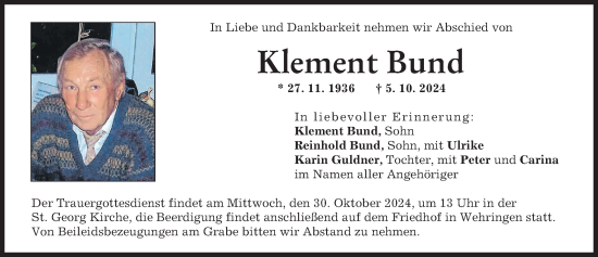 Traueranzeige von Klement Bund von Schwabmünchner Allgemeine
