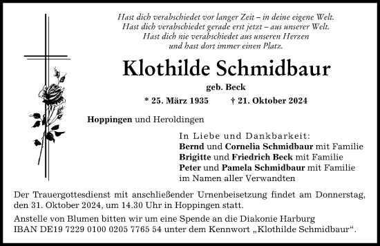 Traueranzeige von Klothilde Schmidbaur von Rieser Nachrichten