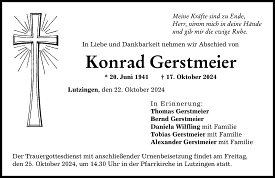 Traueranzeige von Konrad Gerstmeier von Donau Zeitung