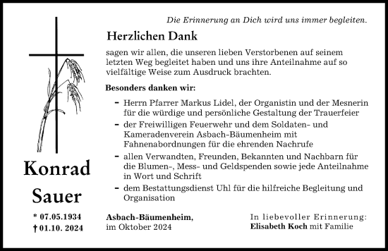 Traueranzeige von Konrad Sauer von Donauwörther Zeitung