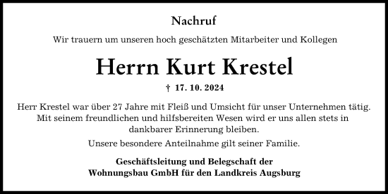 Traueranzeige von Kurt Krestel von Augsburger Allgemeine