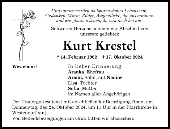 Traueranzeige von Kurt Krestel von Augsburg-Land