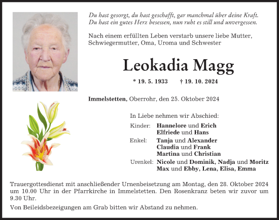 Traueranzeige von Leokadia Magg von Mindelheimer Zeitung