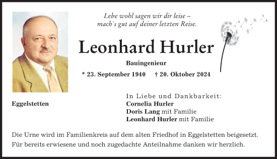 Traueranzeige von Leonhard Hurler von Donauwörther Zeitung